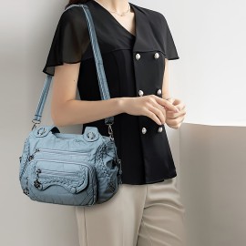 Women'S Retro Y2K Punk Style Tote Handbag with Multiple Pockets - & Vintage 2000s Fashion Crossbody Bag, Golden-Tone Hardware & Detachable Strap, Zipper Closure For Dates, Parties, Casual Outings (, Light Brown, Sky, Solid Color Design