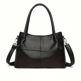 Black Lychee Pattern Women's Handbag, Dual-Use Tote and Crossbody Bag for Mom with Large Capacity & Multiple Compartments