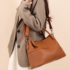 Black Lychee Pattern Women's Handbag, Dual-Use Tote and Crossbody Bag for Mom with Large Capacity & Multiple Compartments