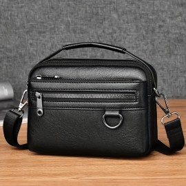 Men'S Minimalist Shoulder Bag, Black Crossbody Messenger Handbag with Adjustable Strap for Daily Commute, No Wash, No Print Design