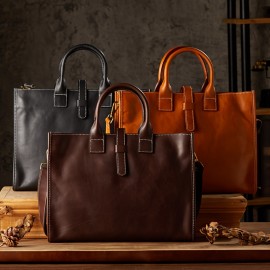Men'S Genuine Leather Briefcase - Vintage Large Capacity Shoulder Bag with Adjustable Strap, Black & Brown, Durable for Business, Commuting, and Everyday Use, Commuting Accessory | Vintage Style Bag | Genuine Leather Bag, Large Capacity Bag, Small Briefcase For Men, Laptop Bag For Men