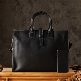 Men'S Genuine Leather Briefcase - Vintage Large Capacity Shoulder Bag with Adjustable Strap, Black & Brown, Durable for Business, Commuting, and Everyday Use, Commuting Accessory | Vintage Style Bag | Genuine Leather Bag, Large Capacity Bag, Small Briefcase For Men, Laptop Bag For Men