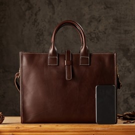 Men'S Genuine Leather Briefcase - Vintage Large Capacity Shoulder Bag with Adjustable Strap, Black & Brown, Durable for Business, Commuting, and Everyday Use, Commuting Accessory | Vintage Style Bag | Genuine Leather Bag, Large Capacity Bag, Small Briefcase For Men, Laptop Bag For Men